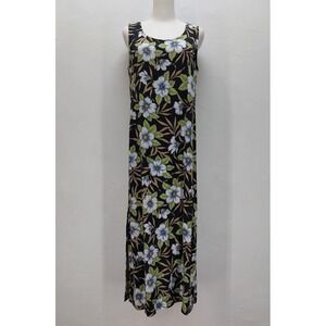 Tahiti Reef Club Maxi Dress Women's Small Black Blue Floral Tropical Rayon 90's